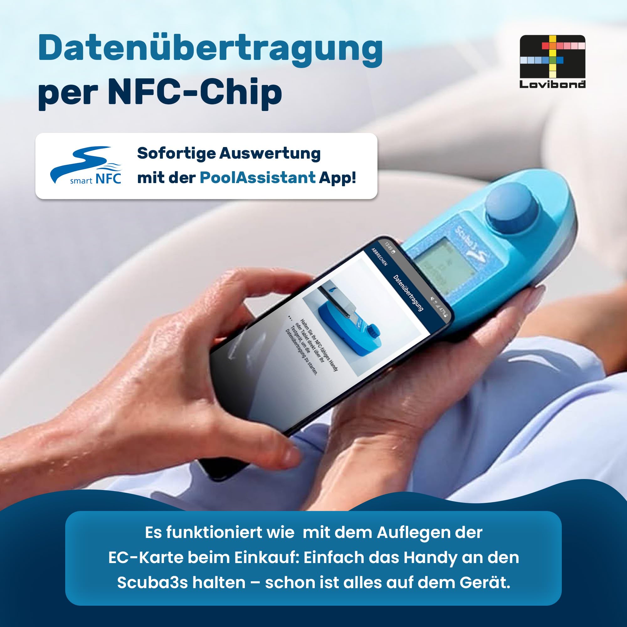 Lovibond® Scuba3s Pool Photometer – elektronischer Pooltester mit NFC und App – 11 Wasserparameter – Messgerät Wasserqualität – Wassertester Pool IPX7 – einfache Handhabung – schnelle Ergebnisse