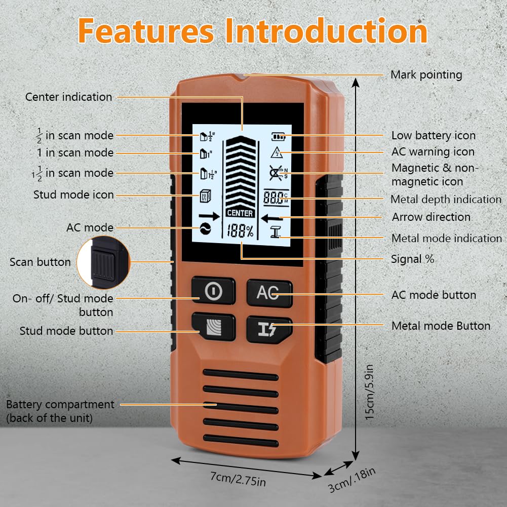 Flintronic Détecteur Mural 5 en 1, Scanner Mural, Détecteur De Boulons Multifonction, Scanneur Murals Avec Ecran LCD Et Alarme Sonore pour Localiser Les Métaux,Chevilles en Bois,Câbles électriques CA