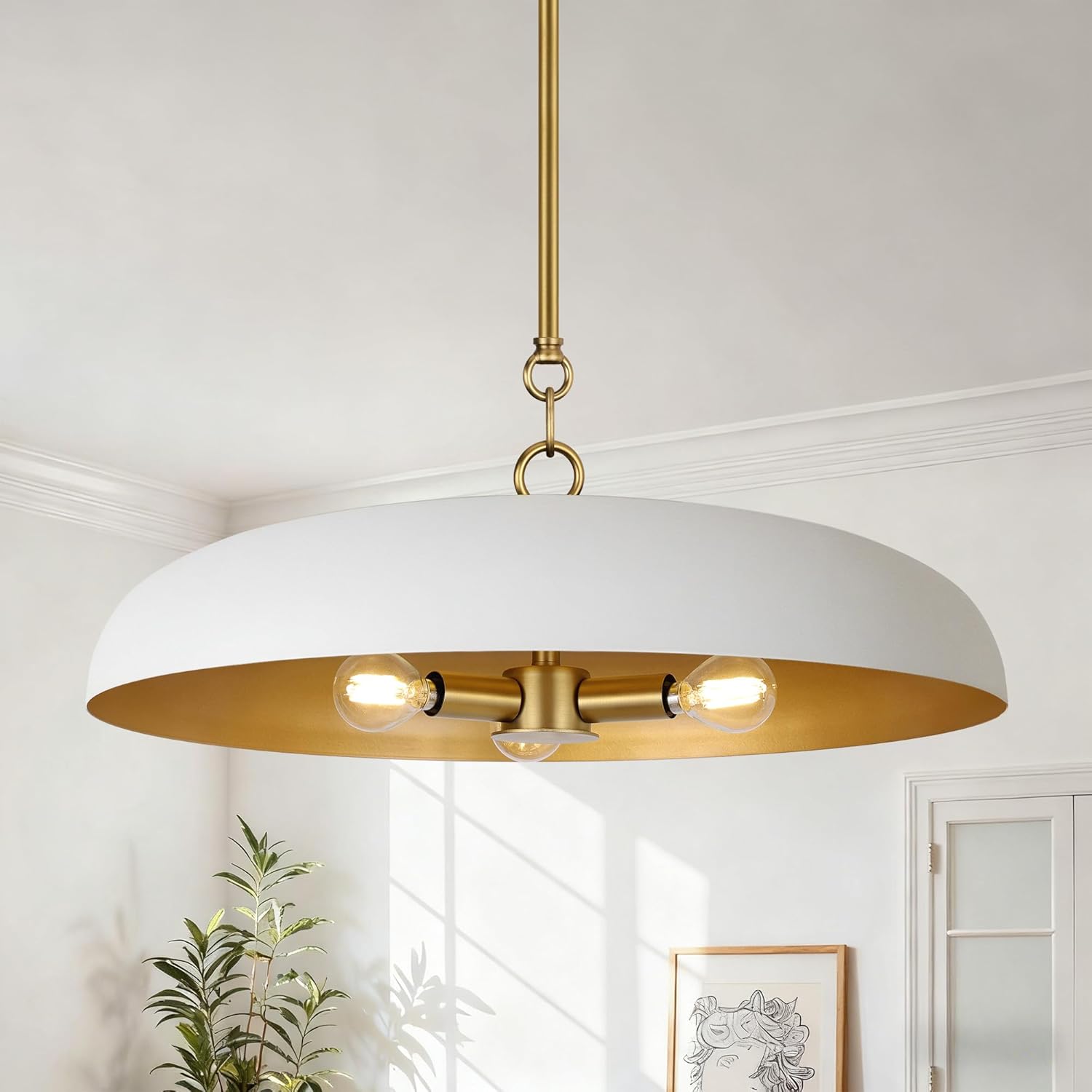 19.7 Inch Extra Large Pendant Light, 3-Light White and Gold All Metal Pendant Lighting Fixture, Oversized Modern Dome Chandelier Ceiling Hanging for Kitchen Island Dining Room Living Entryway
