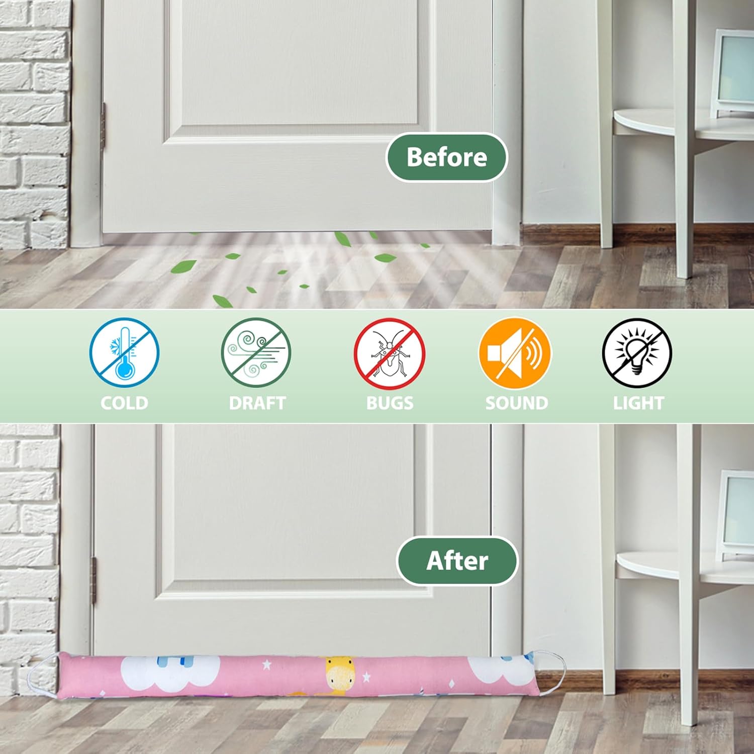 加重ドアドラフトストッパー、2パック 32インチ ドア下ブロッカー、ドア窓下エアノイズライトギャップフィラー、省エネ漫画プリントキャ