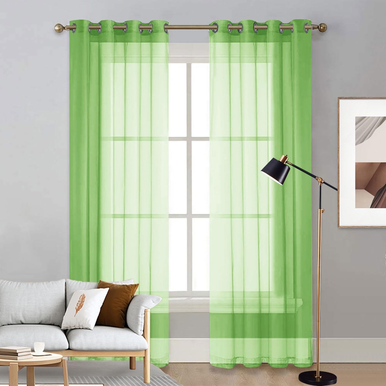 Voilage à oeillets rideaux salon anti-vis-à-vis, tissu vert demi transparent 200x215 cm
