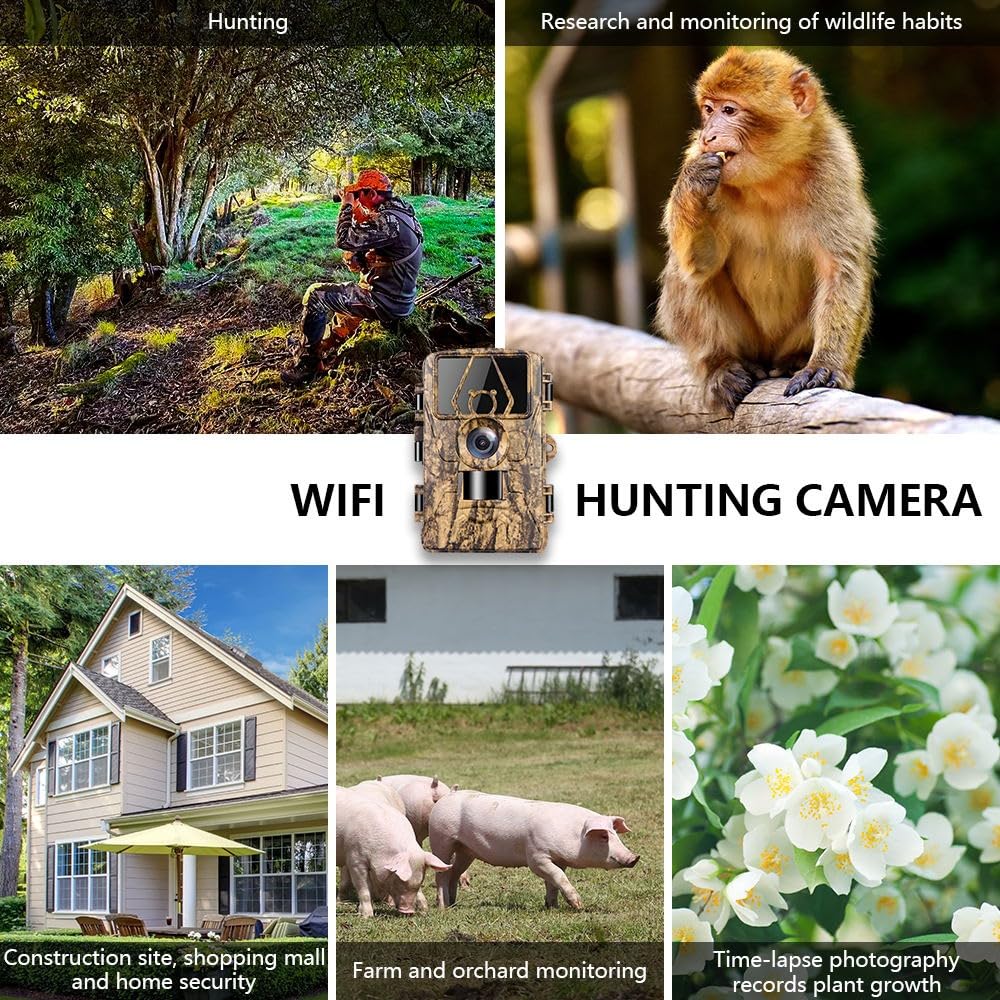 8K Video Wildlife Kamera, 60MP Full HD WiFi mit Handyübertragungs-App, Bewegungssensor, Nachtsicht, 0,1s Auslösezeit, Infrarot Wildlife Kamera mit 32G Speicherkarte & Karte