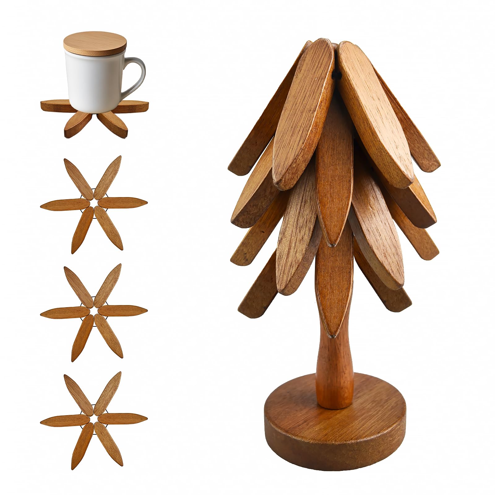 Dessous De Plat Bois Sapin Pliable - Set 1 Support + 4 Feuilles Noyer, Design Arbre Noël Élégant Et Pratique