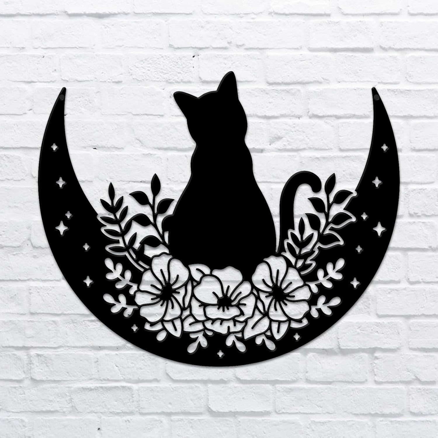 ORIGACH Black Cat and Moon Metal Wall Art, Cat Moon Flower Metal Wall Decor Metal