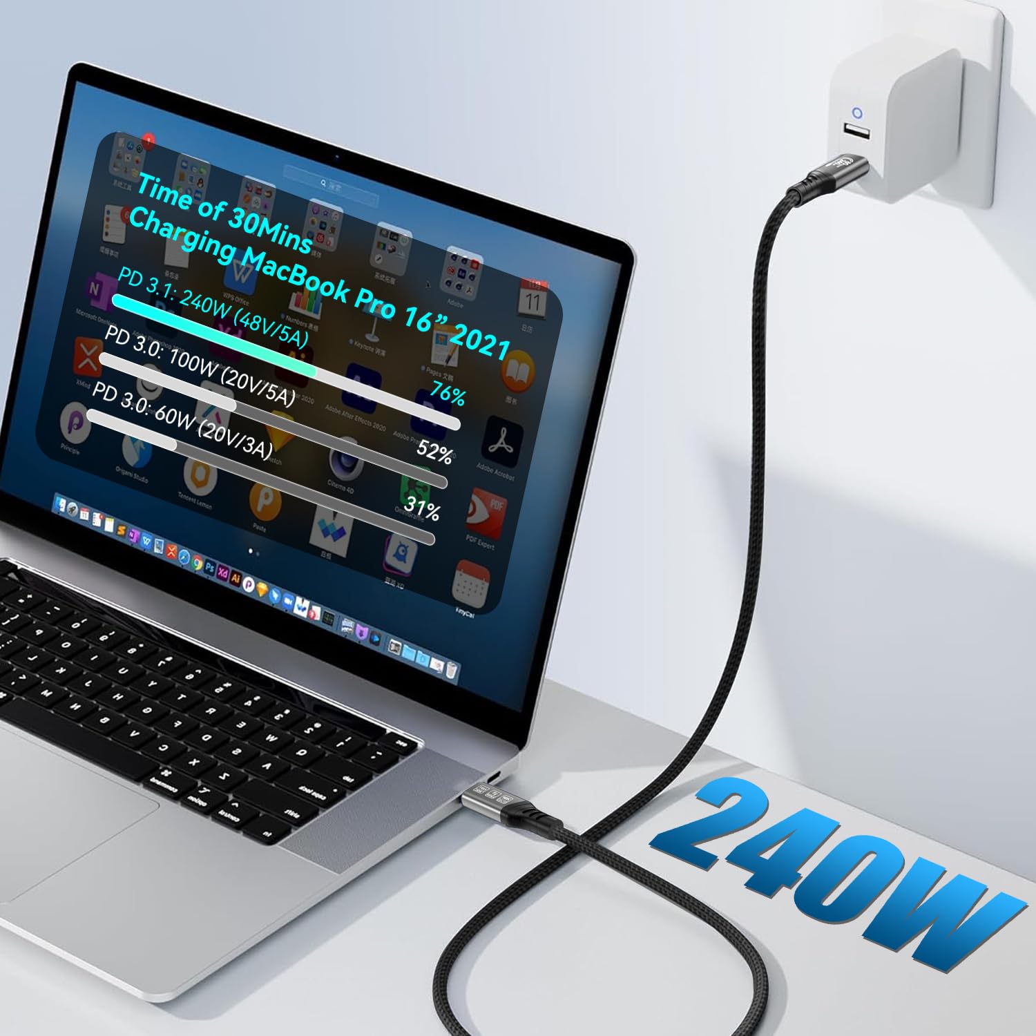 USB C Thunderbolt 5 Kabel 80Gbps 3m, przepustowość wideo 120Gbps, PD 3.1 240W, wideo 16K@30Hz 8K@60Hz, 12-bitowa głębia kolorów Kompatybilny z Mac mini M4 Pro, Thunderbolt 4, SSD, eGPU