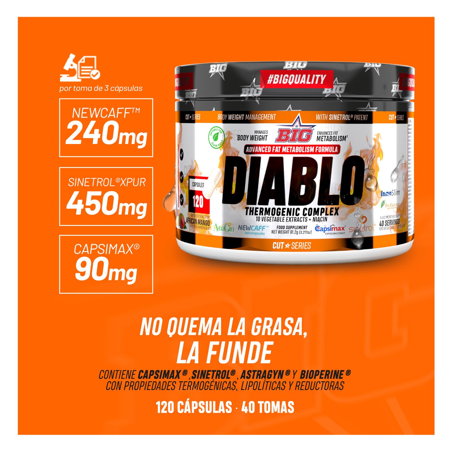 BIG - Quemagrasas Potente para Adelgazar muy Rapido, Fórmula Exclusiva con 10 Ingredientes, Elimina la Grasa y Ayuda a Bajar de Peso, Acelera el Metabolismo en Hombre y Mujer, 40 Servicios, 120 caps
