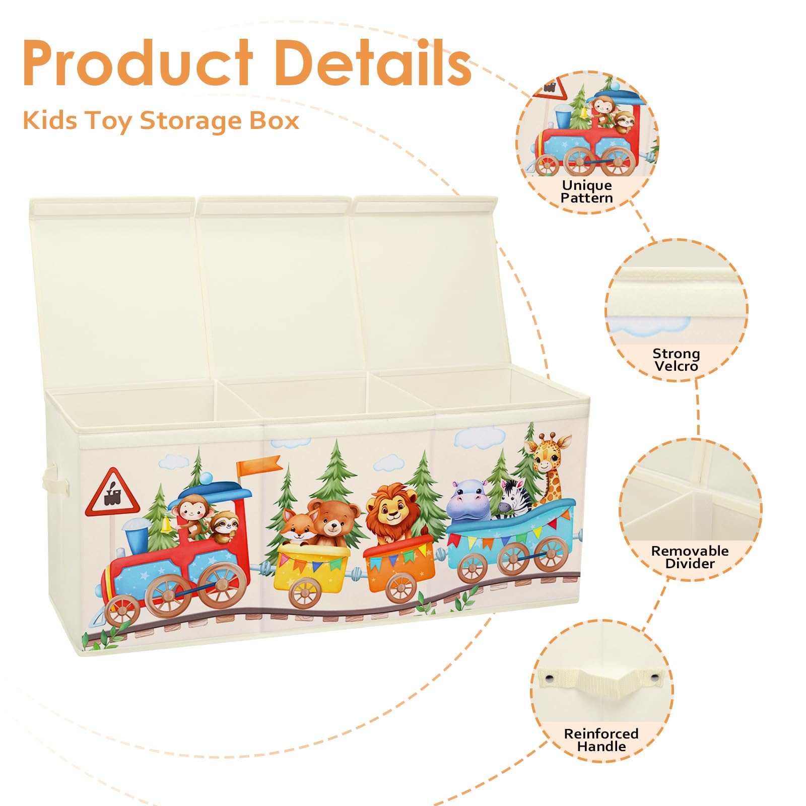 Scatola di Giocattoli Large con Coperchio Ribalta per Bambini, Contenitore Porta Giochi Pieghevole Oxford, Baule Portagiochi Impermeabile Robusto per Ragazze Ragazzi, 96×32×40cm (Treno degli Animali)