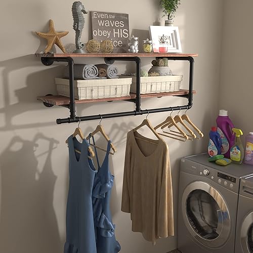 Vista 4 de Perchero industrial de tubería con estante superior, estante de ropa montado en la pared que ahorra espacio de 2 niveles, estante con barra