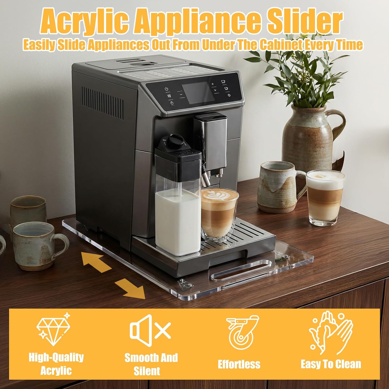 Acrylic Appliance Slider (14"x9.8") | Heavy Duty Rolling Tray for Coffee Maker, Stand Mixer & Toaster | Clear Kitchen Countertop Moving Slider with Silent Rubber Wheels, 40lb Capacity