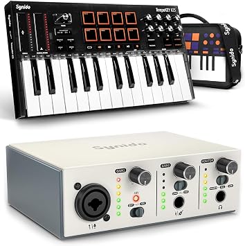 Synido 25 Key USB MIDI Keyboard Controller with 8 Drum Pads and Live Solo USB C Audio Interface for Recording Music, Streaming, Podcasting