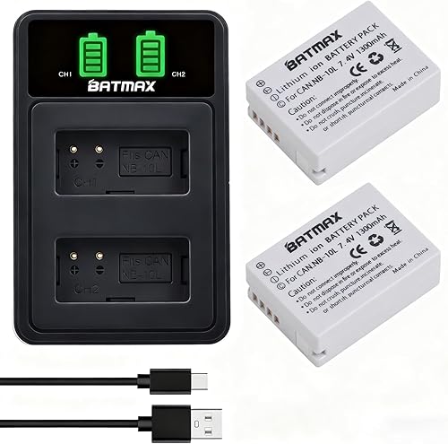Batmax Paquete de 2 baterías NB-10L de alta capacidad (1300 mAh) + cargador USB doble integrado para batería Canon NB-10L; cámaras digitales Canon
