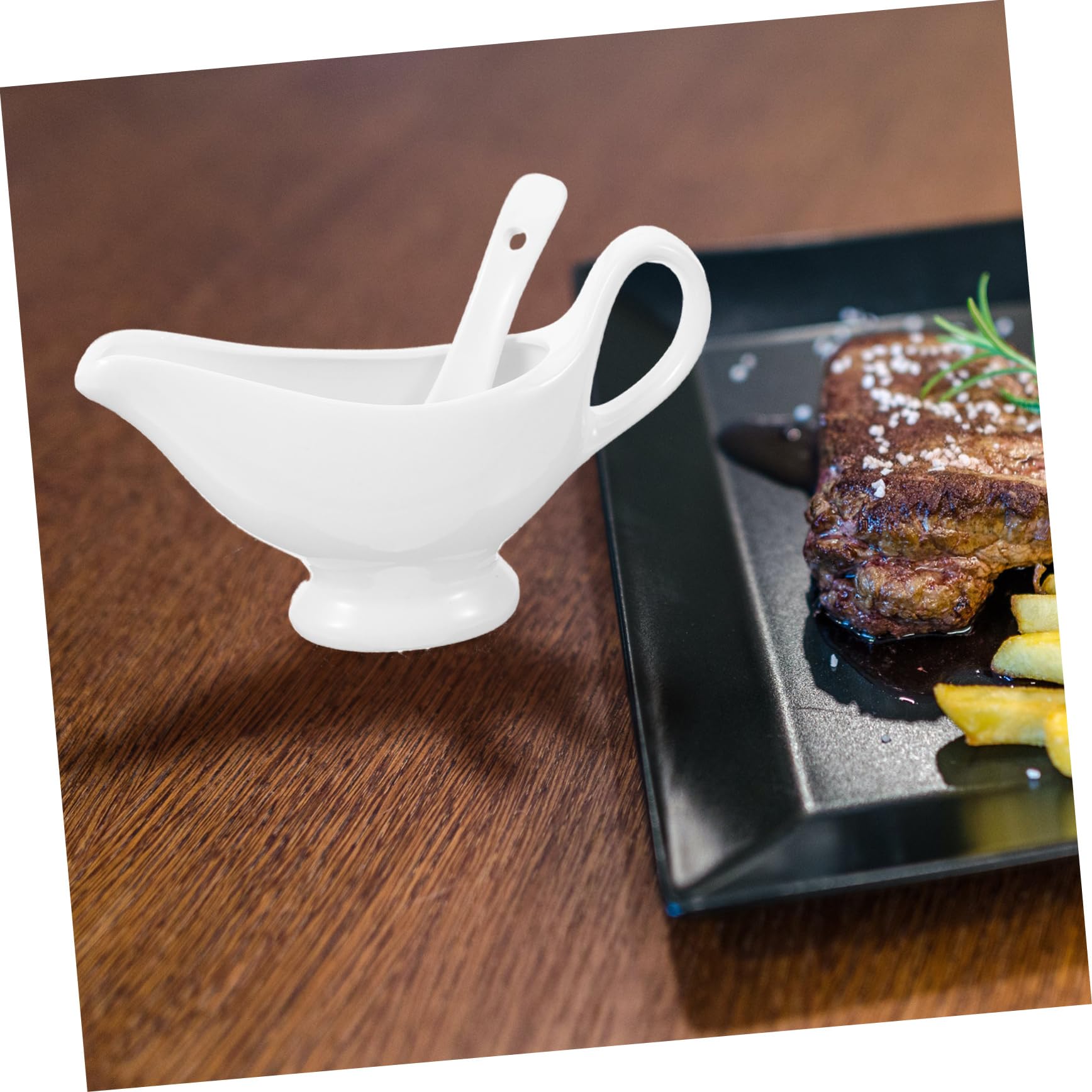 Salsiera in Porcellana 175 Ml con Mestolino, Design Anti Goccia per Sugo e Salsa da Tavola, Supporto Abbinato