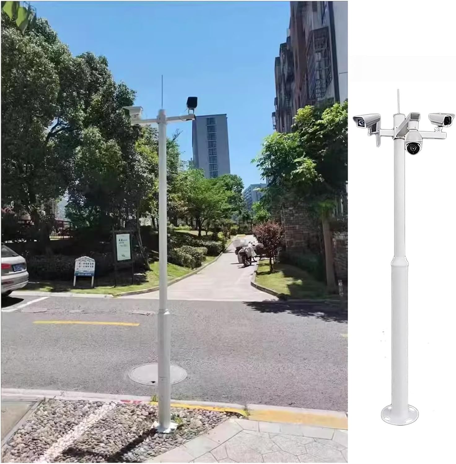 Weatherproof Galvanized Steel Security Camera Pole with 4 Mounting Arms & Lightning Rod, 11.4ft Height, Ideal for Airports, Ports & Construction Sites
