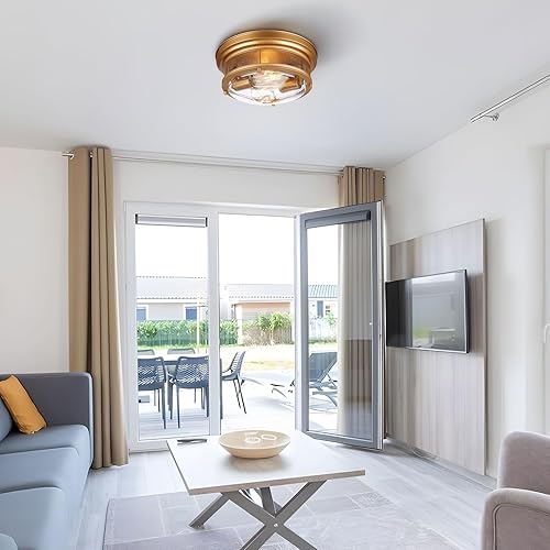 Miniatura 7 de Lámpara de techo de montaje empotrado, lámpara de techo de metal dorado de 12 pulgadas con vidrio de burbujas, 2 luces modernas rústicas cerca del