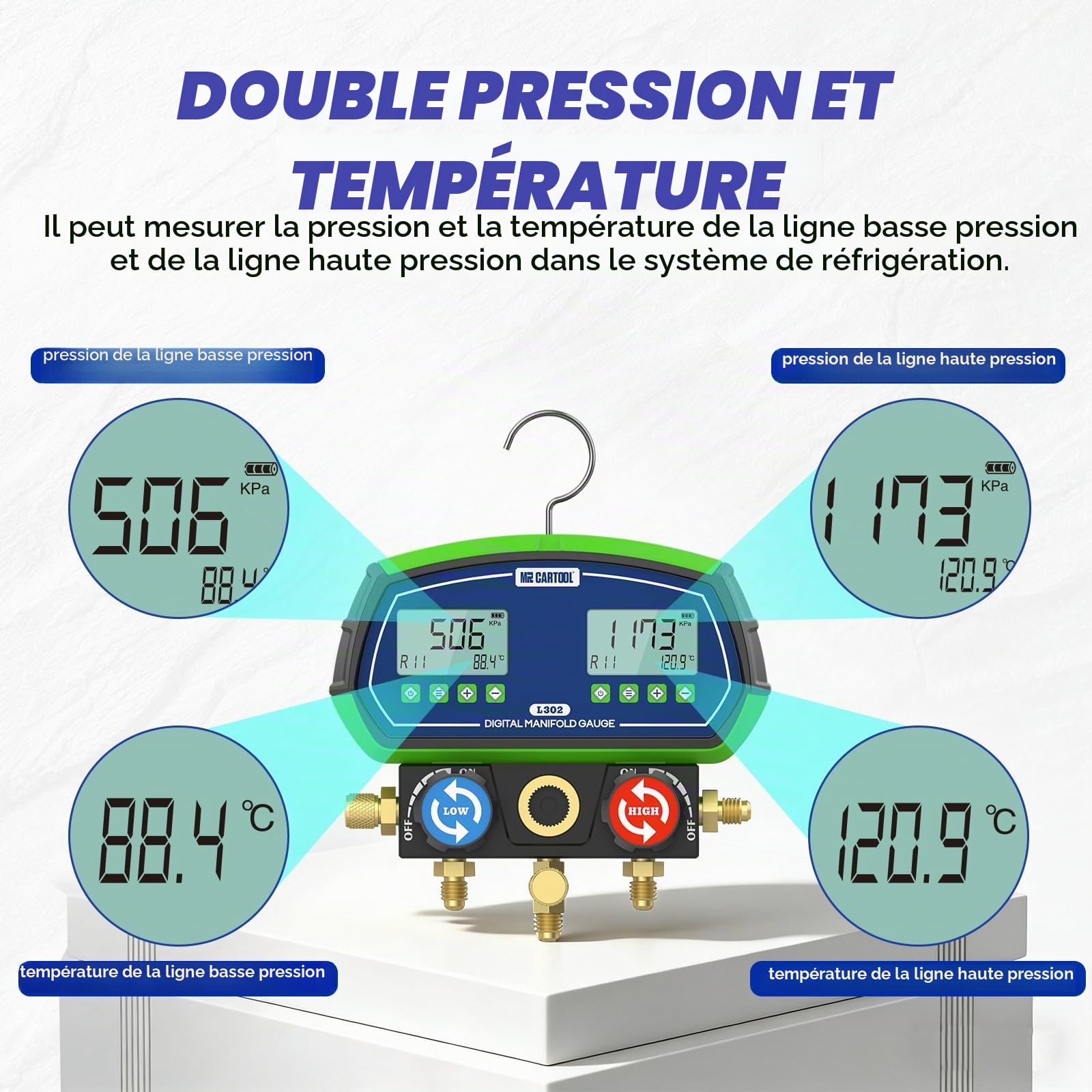 MR CARTOOL L302 Manometre Climatisation Voiture Numérique Manifold Manomètre Réfrigération Jauge avec 3 Flexibles 90 Fluides Frigorigènes pour Climatisation R32 R410A