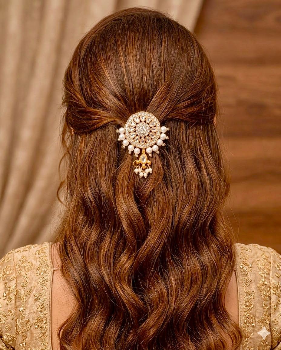 Pearls N Twirls Traditional Golden Kundan Hair Clip for Women & Girls | Bridal Hair Jewellery | Juda Hair Accessory with Pearl Beads | Wedding & Festive Hair Accessory (Silver)
