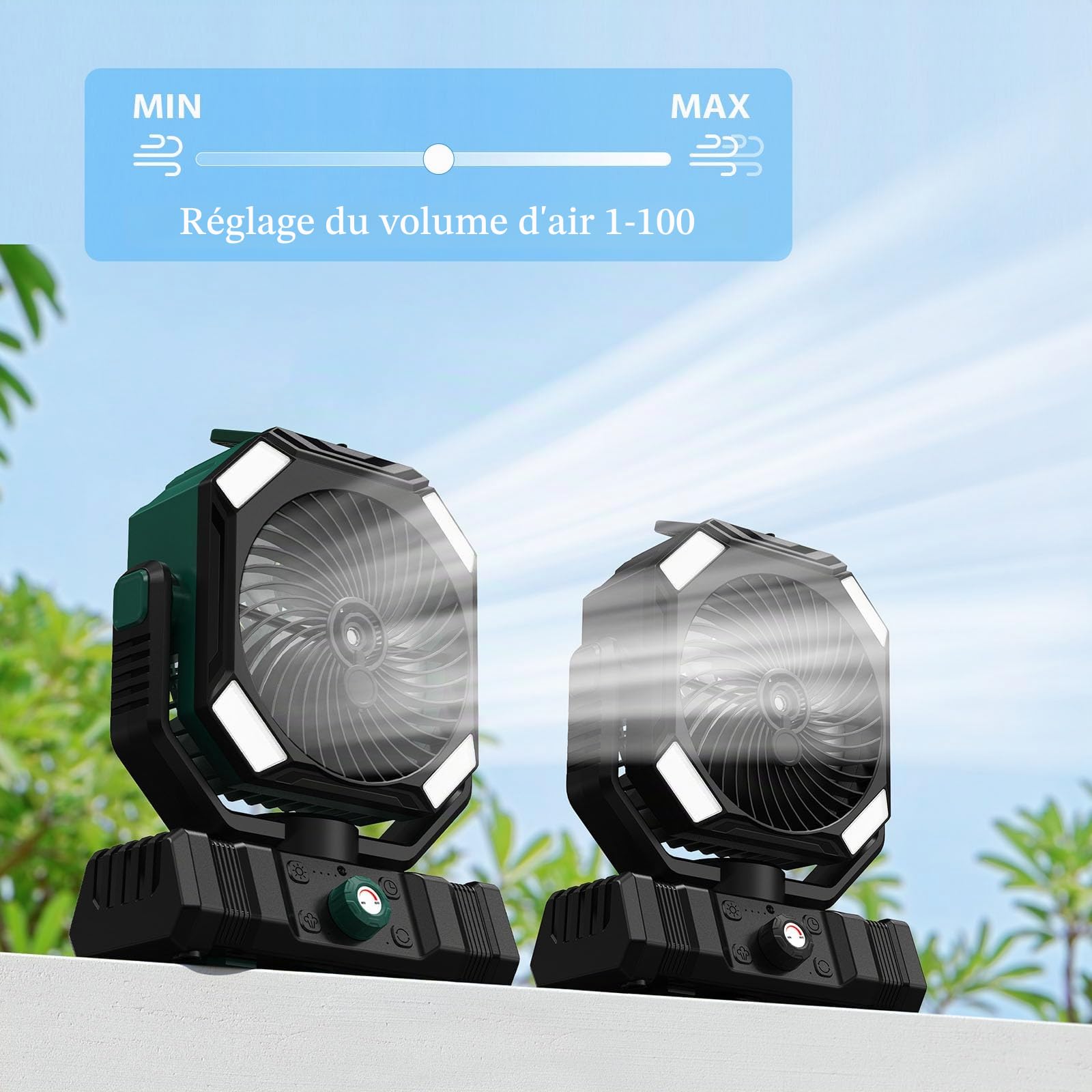 Ventilateur Brumisateur Portable 20000mAh, Réservoir 300ml, Oscillation 45°-90°, Rotation 270°, Télécommande, LED, Ventilateur Camping Rechargeable pour Extérieur, Tente, Bureau