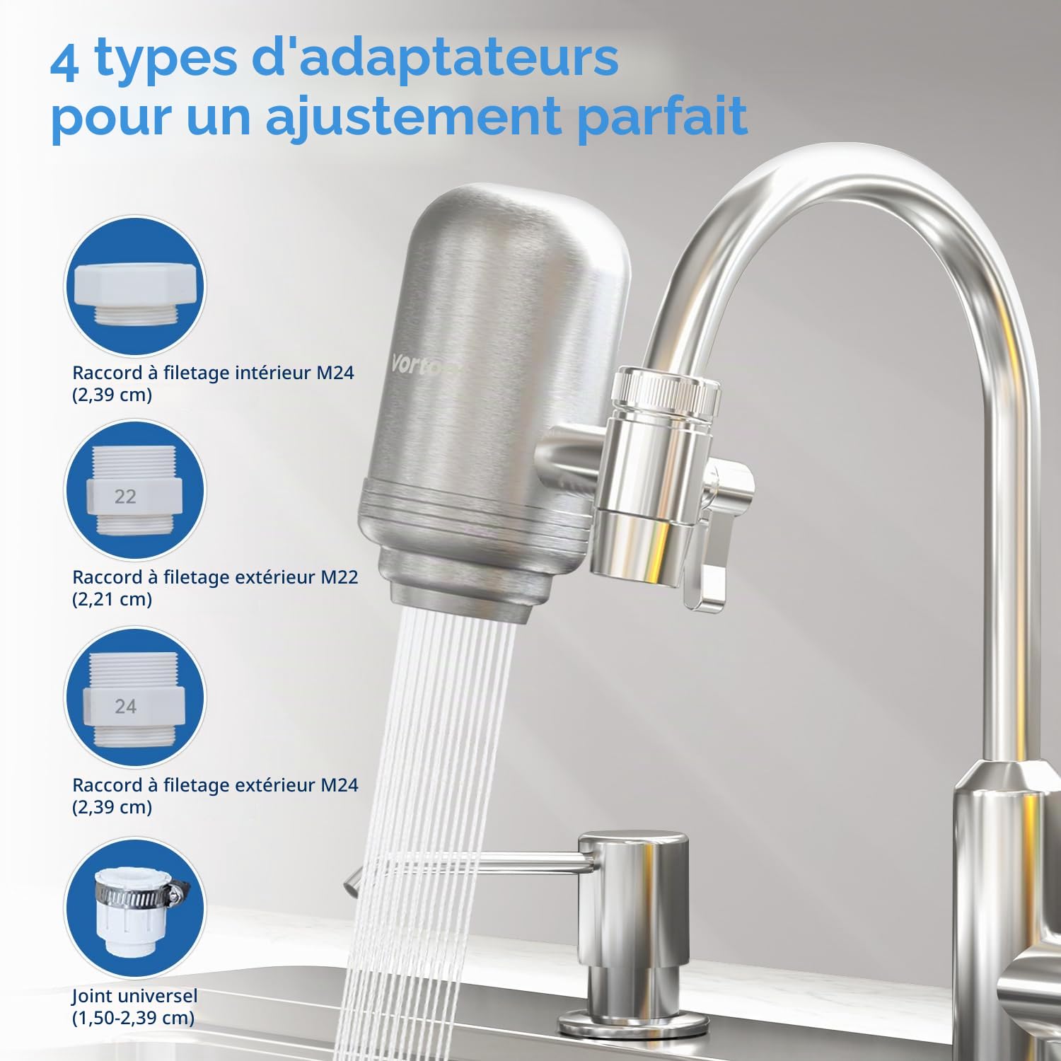 Vortopt Filtre eau Robinet en Acier Inoxydable, Système de Filtration d'eau à Bloc de Carbone, Filtre à eau du Robinet, Réduit Chlore, Mauvais Goût et Odeur, T2 (1 Filtre Inclus)
