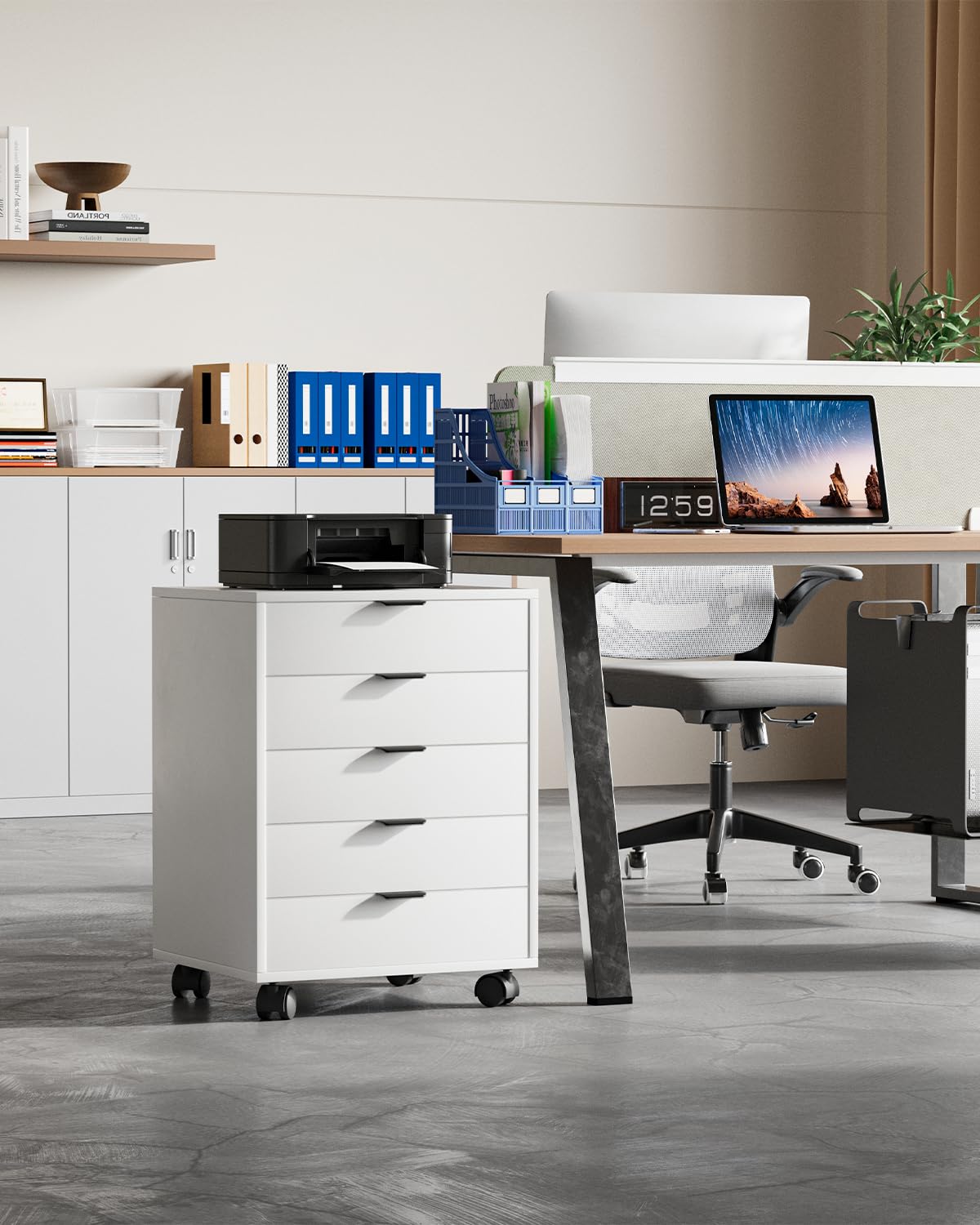 ELUCHANG Schedario da Ufficio con 5 Cassetti e Ruote, Archivio per Documenti A4, Armadio Mobile per Home Office e Studio, Bianco, 40x40x60 cm