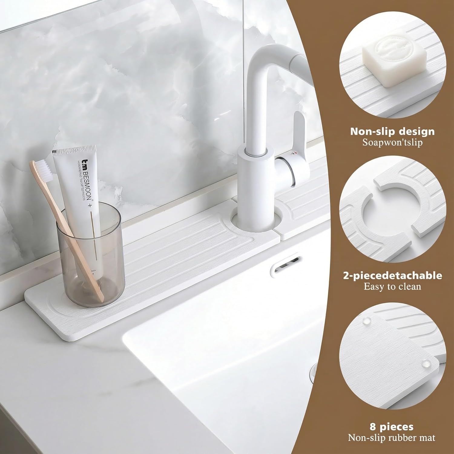 Faucet Mat for Kitchen Sink -Diatomite Stone Drying Mat for Kitchen Counter & Bathroom Sink,Quick-Dry Kitchen Sink Mat-Sink Protector & Splash Guard,Super Absorbent (White, 23.6" x 4")