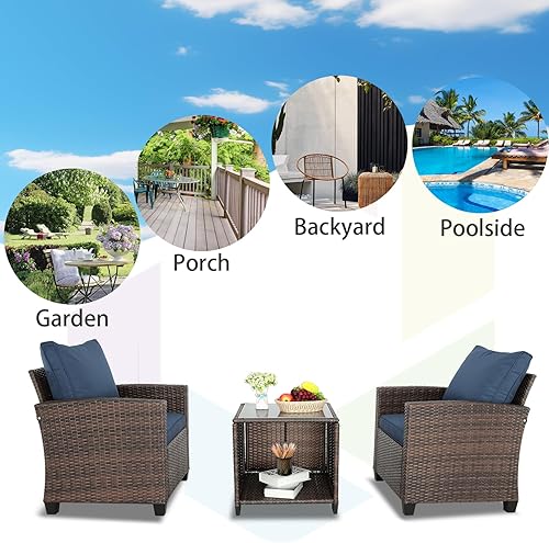 Miniatura 9 de Juego de 3 sillas de mimbre de ratán con mesa de centro, muebles de exterior, juegos de muebles de balcón (marrón Gary)