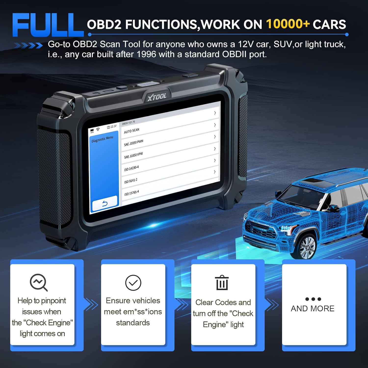 XTOOL D6 displaying various navigation options including Voltage Display, 'My Vehicle' Menu, Auto Scan, and OBD2 Diagnostics.