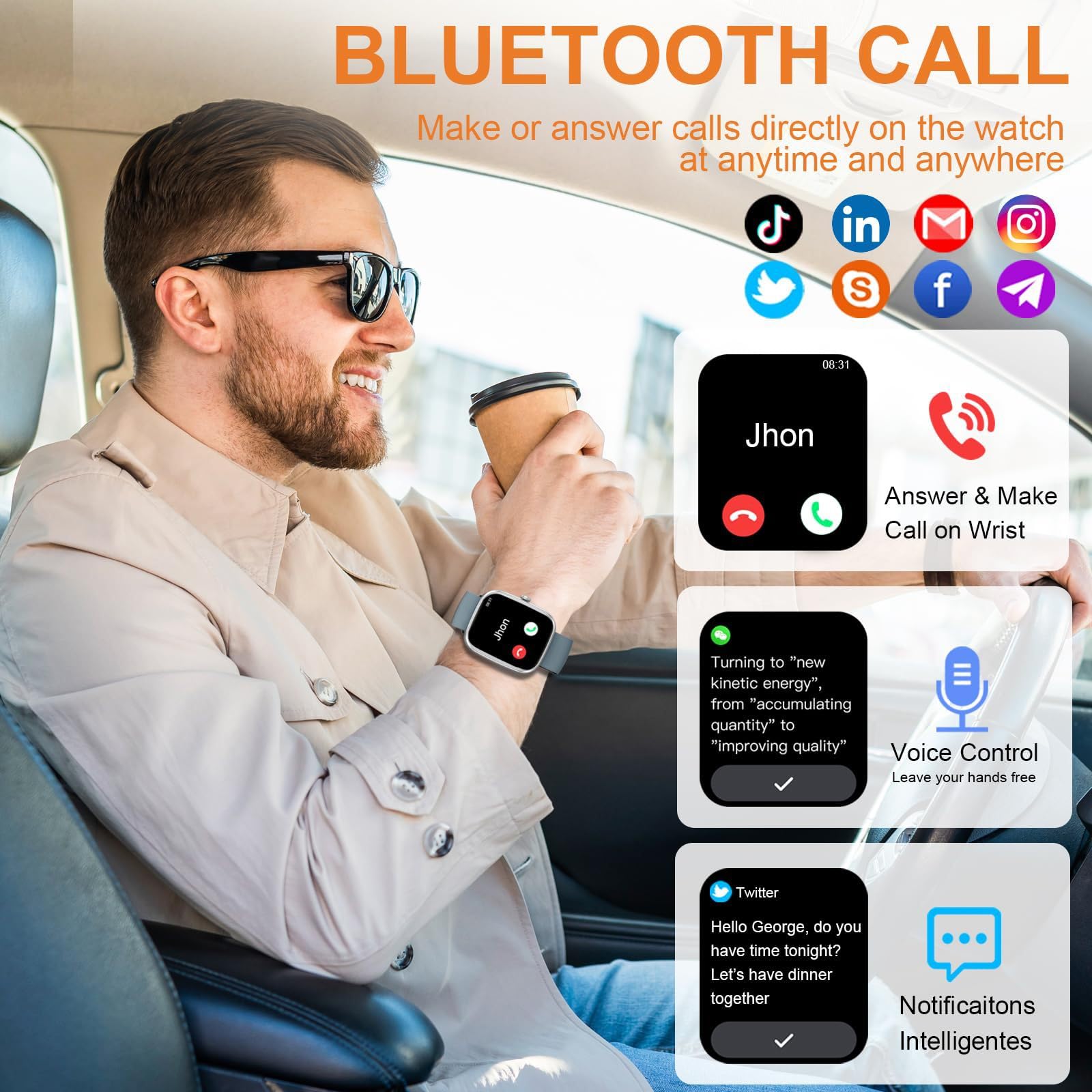 Reloj inteligente con pantalla HD, función de llamada, contador de pasos, más de 110 modos deportivos, IP68 resistente al agua para fitness y actividades al aire libre