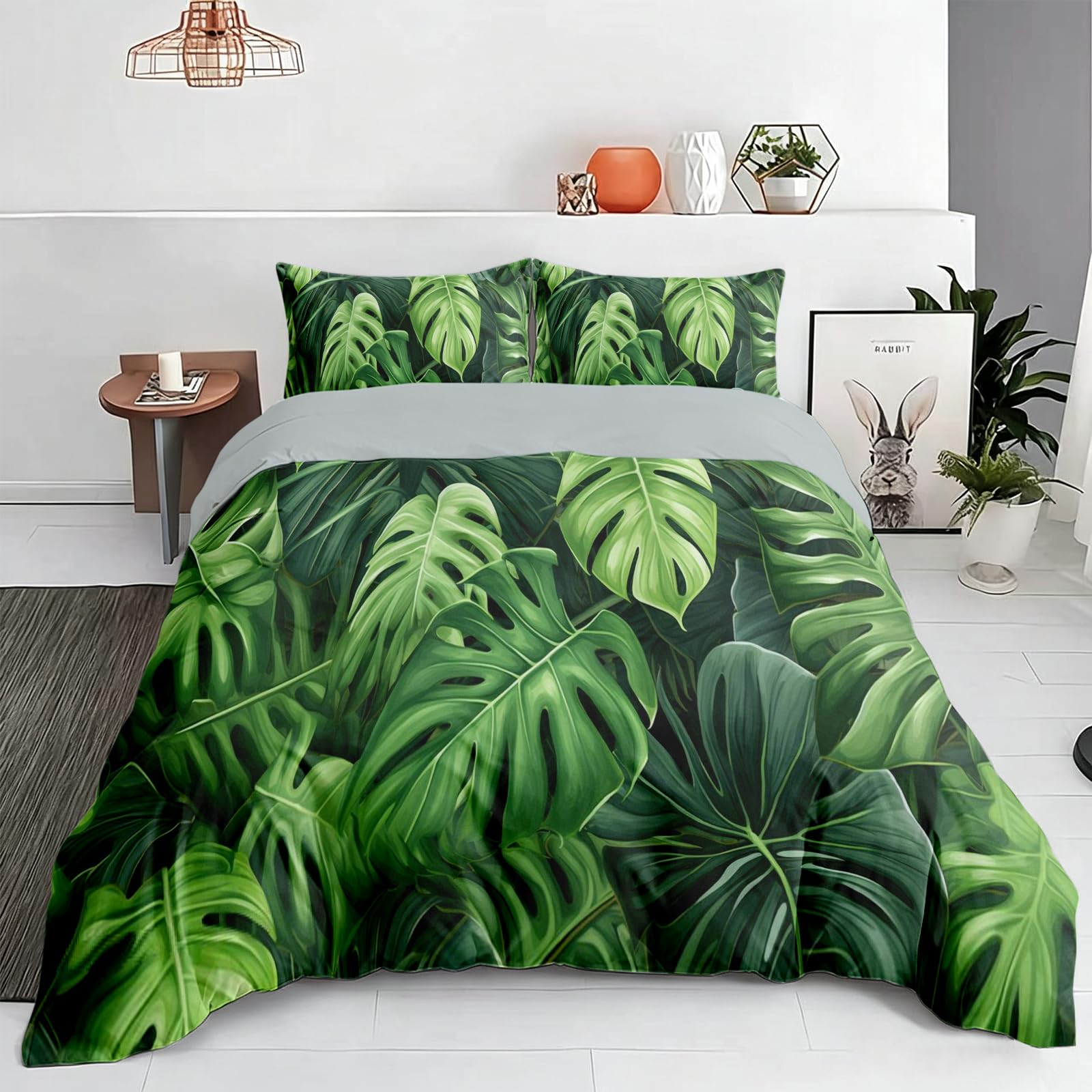 Housse de Couette Monstera Botanique 160x200 2 Personnes, Deco Cadeau