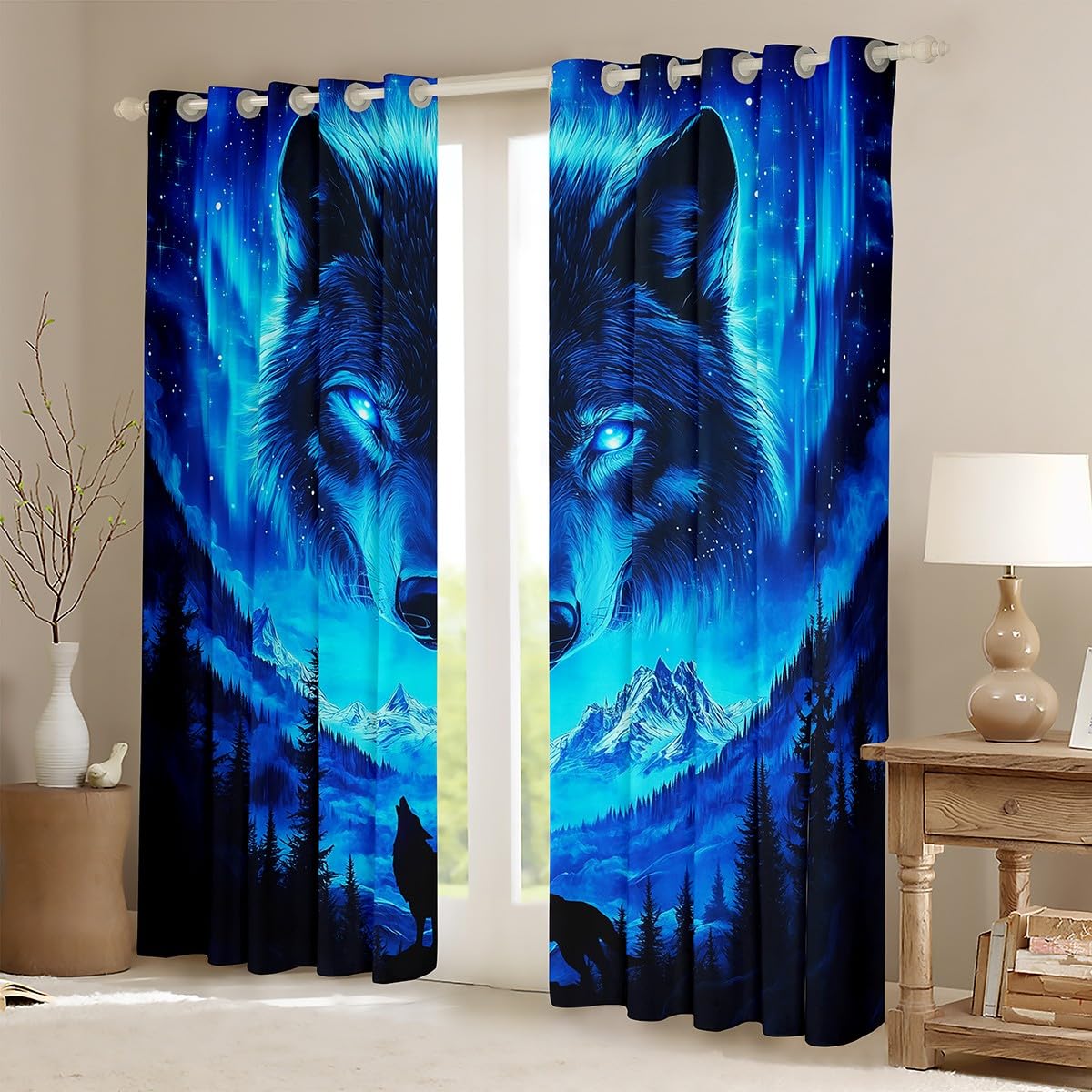 Wolf Print Fenster Vorhänge, Wildlife Wolf Tier Jagd Thema Küche Fenster Behandlungen, Blue Galaxy Schnee Berg Kiefer natürliche Fenster Vorhänge für Home Decor, 2 Panels, L Größe,Gute Schattierung