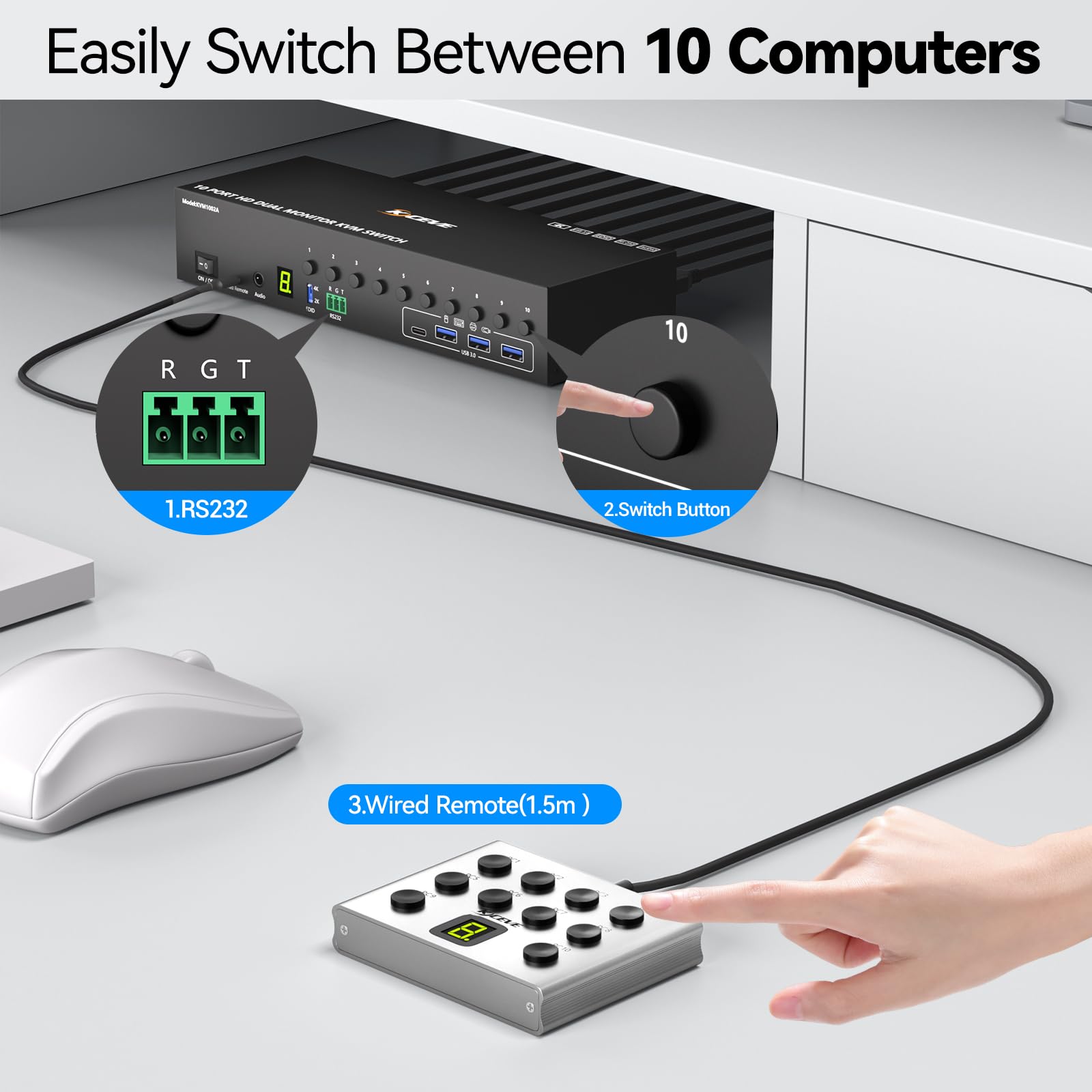 Commutateur KVM HDMI à 10 ports, 2 moniteurs, 10 ordinateurs, simulation EDID 4K @ 60 Hz, commutateur KVM double moniteur avec 4 ports USB 3.0 pour clavier, souris, imprimante audio, RS232, avec