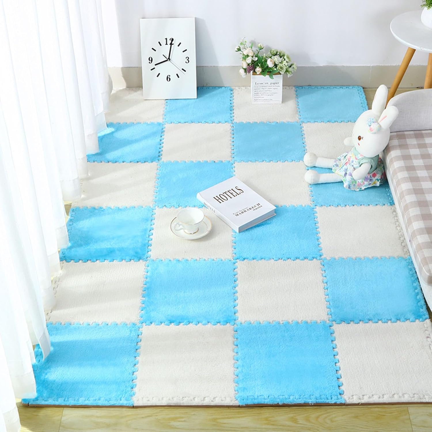 LoiYtrd 16 Pieces Foam Play Mat With Border Interlocking Plush Puzzle Carpet Tiles 30x30cm Square Foam Mat(White+Blue)
