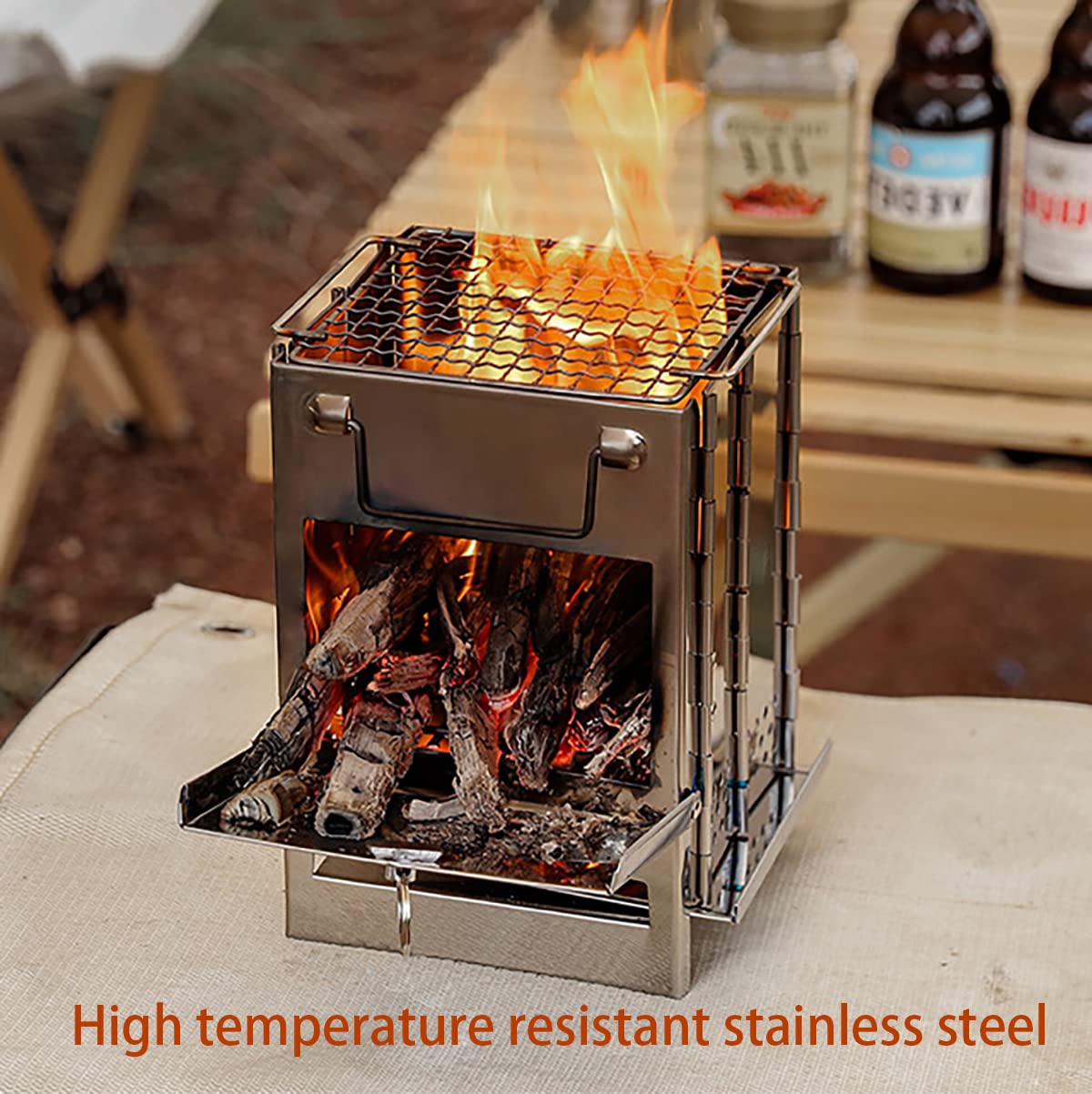 Mini Portable 304 Inoxydable Camping Poêle à Bois, Réchaud de Camping, pour Tentes De Randonnée Cuisinage De Pique-Nique Barbecue,M