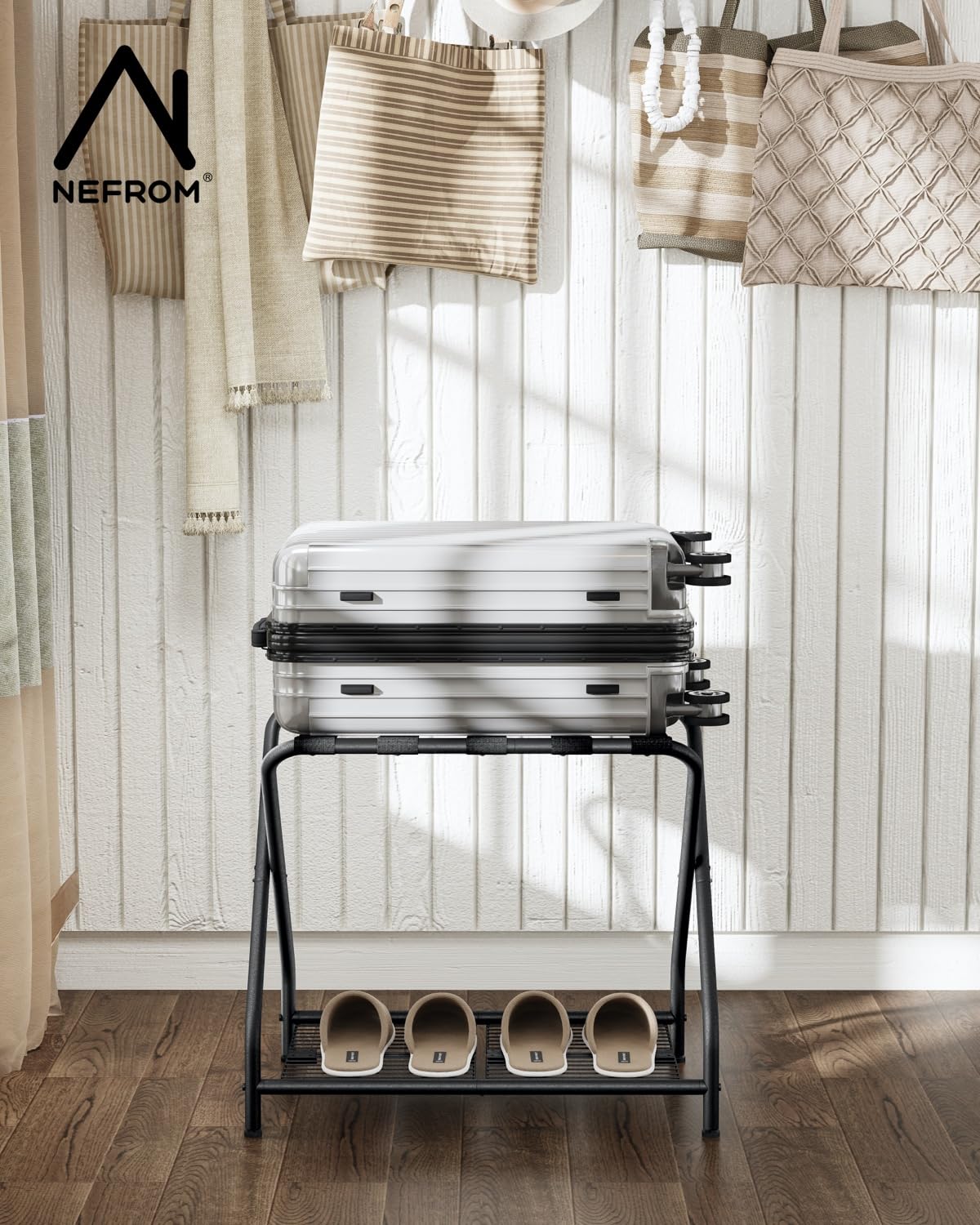 Portaequipajes, soporte para maleta con estante de almacenamiento, soporte de equipaje de metal plegable para habitación de invitados, dormitorio, hotel LR-BK-1