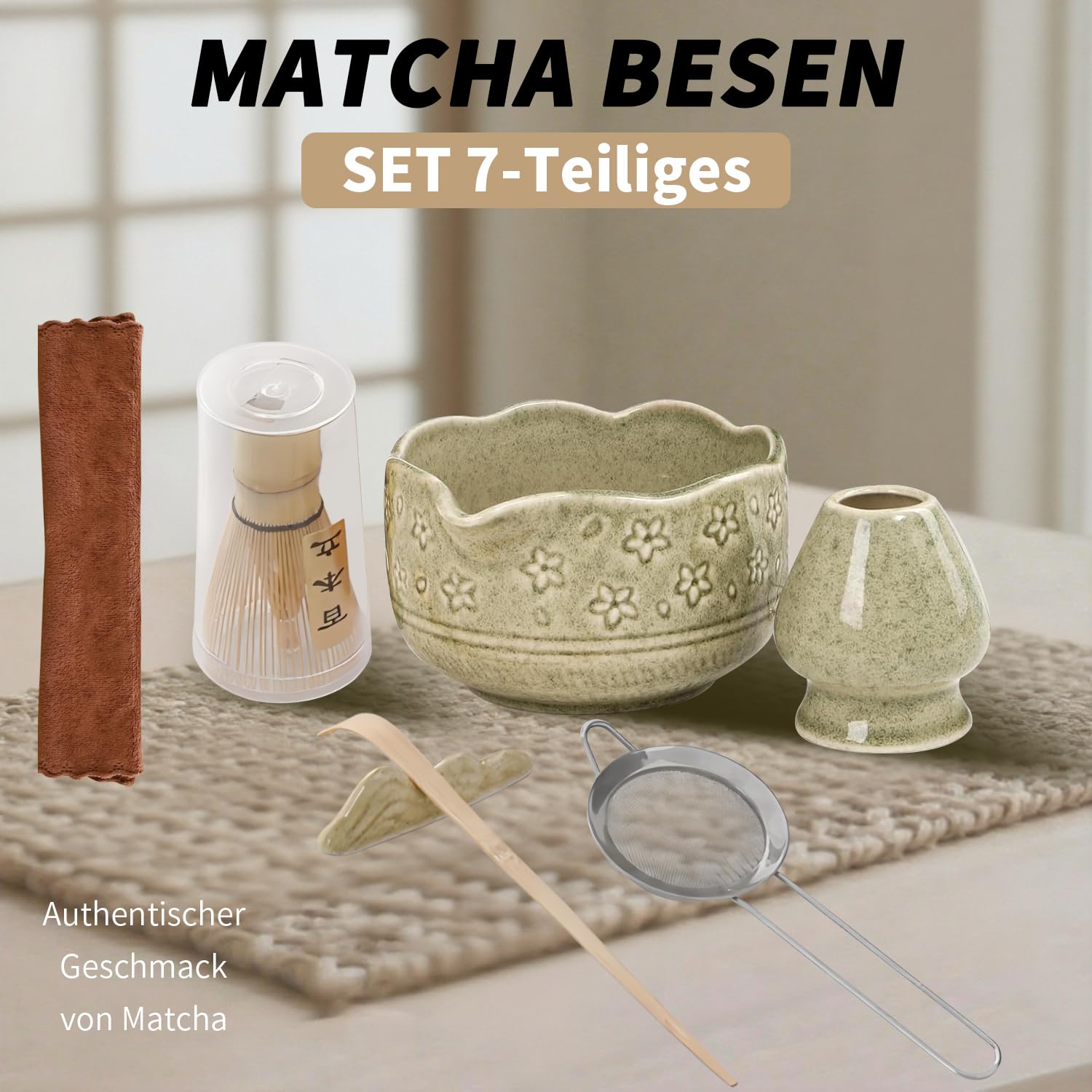 Lot de 6 bols à matcha japonais avec bec verseur, balai à matcha, passoire, cuillère, porte-balai, ensemble à thé élégant pour débutants et amateurs de matcha