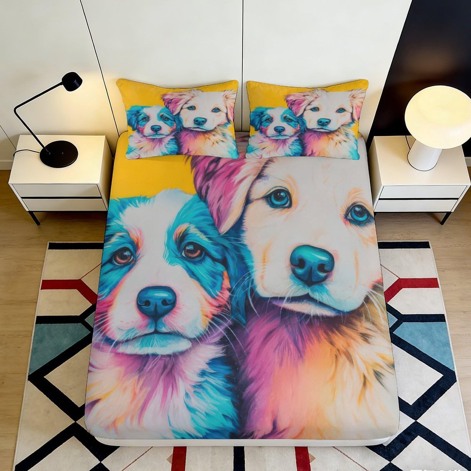 Uxinyoume Style-6 3D Printed Colorful Dog Art Fitted Sheet Microfiber Soft Breathable Puppy Bed Cover For Bedroom Dorm Decor 90X200x25cm