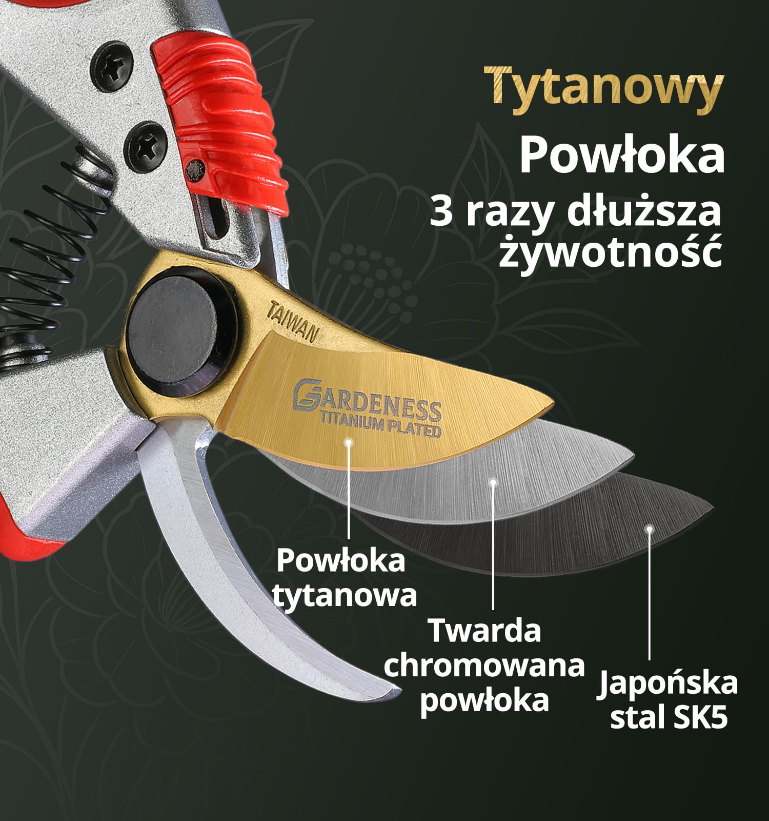 Gardeness Tytanowe Sekatory Ogrodowe Nożyce z powłoką tytanową i stalą SK5 - Ergonomiczny uchwyt do przycinania kwiatów, gałęzi i krzewów, Profesjonalne narzędzia ogrodnicze, Made in Taiwan