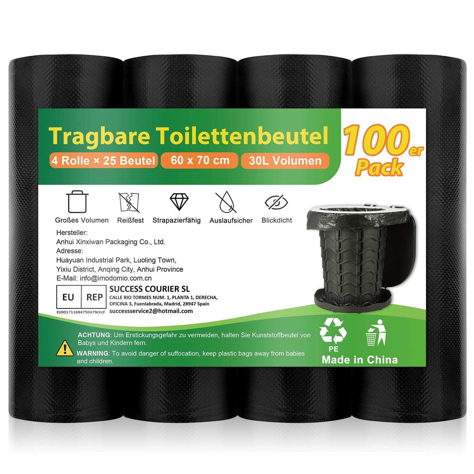 Camping Toilet Bag 60 x 70 cm - imodomio Toilet Bag for Camping Toilets, Waterproof Bags Camping Toilet Accessories, Tear-Resistant Bin Bags Black for Mobile Toilet, Camping (Pack of 100)