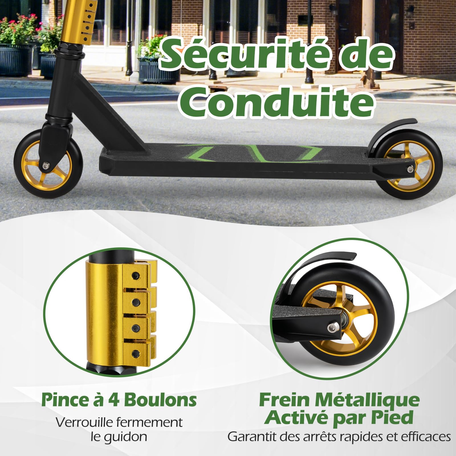 GYMAX Trottinette Freestyle Enfants 10 Ans+, Trottinette Acrobatique Pro, Barre en T en Métal Renforcée, Cadre en Métal Robuste, Plateau en Alliage Léger, Roulements ABEC-7, Capacité 100 Kg