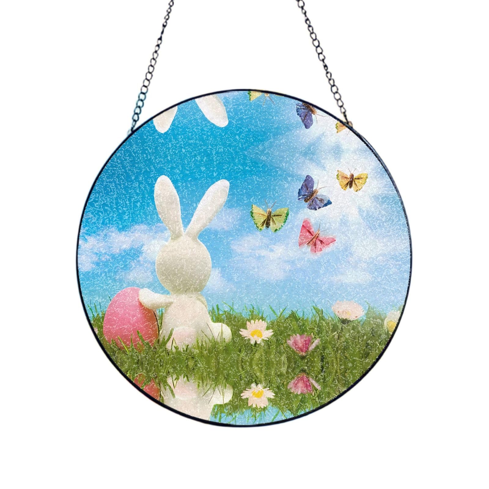 Phayah Easter Bunny With Eggs And Spring Butterfly Print Glass Window Hanging Sun Catchers Suncatcher Decor For Birthday For Home Garden Porch 4in（10cm）