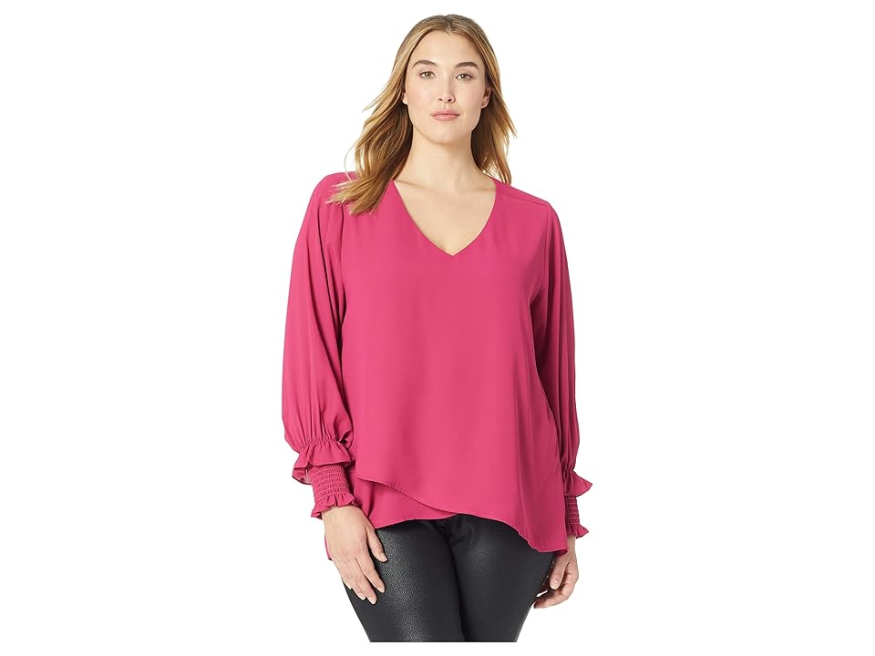 

Karen Kane Plus Plus Size Smocked Sleeve Crossover Top (Cherry) Women's Clothing