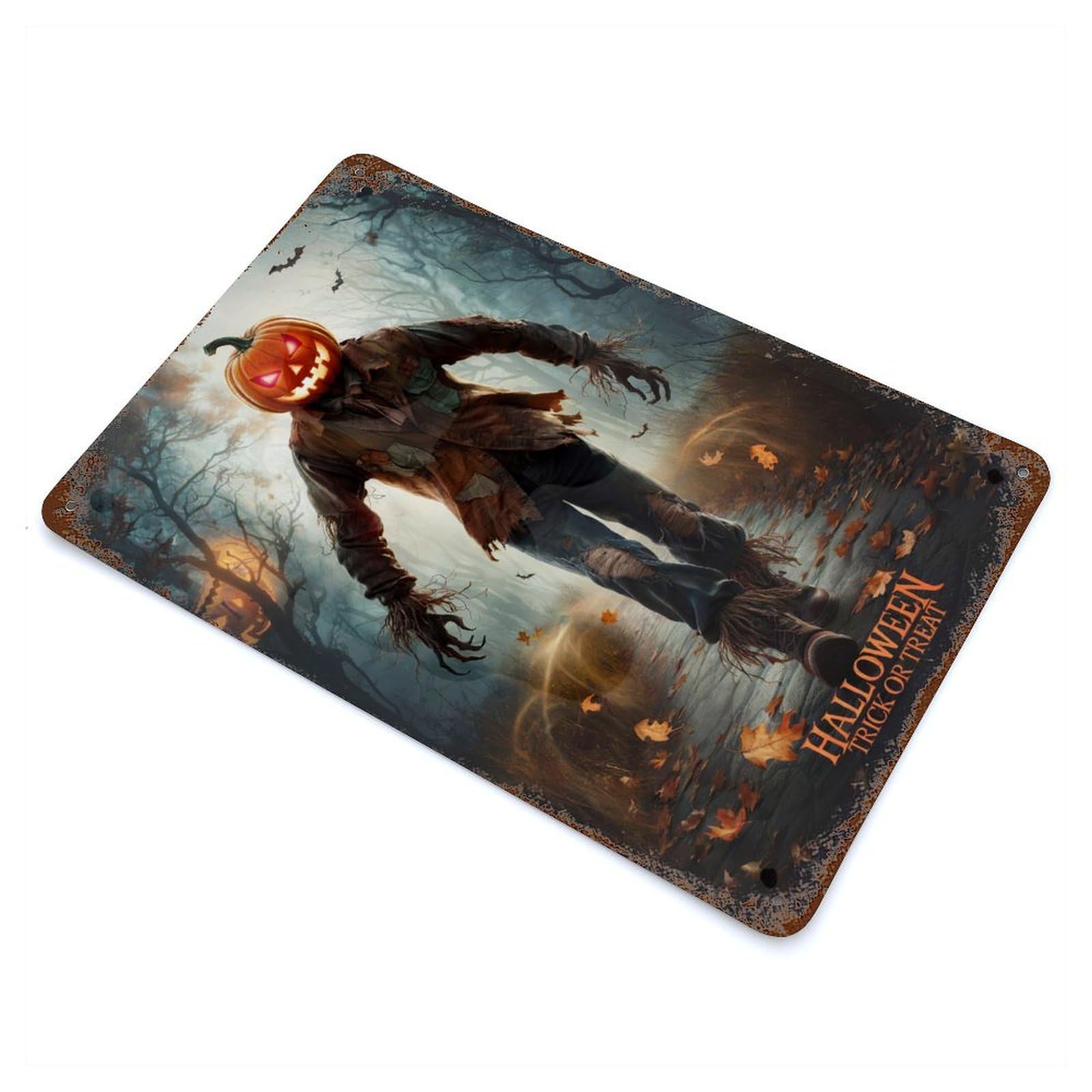 Aged Metal Wall Plaque with Halloween Scarecrow Design 11.8"x7.9", for Basement, Hobby Room And Garage Decor, Farmhouse Wall Decor