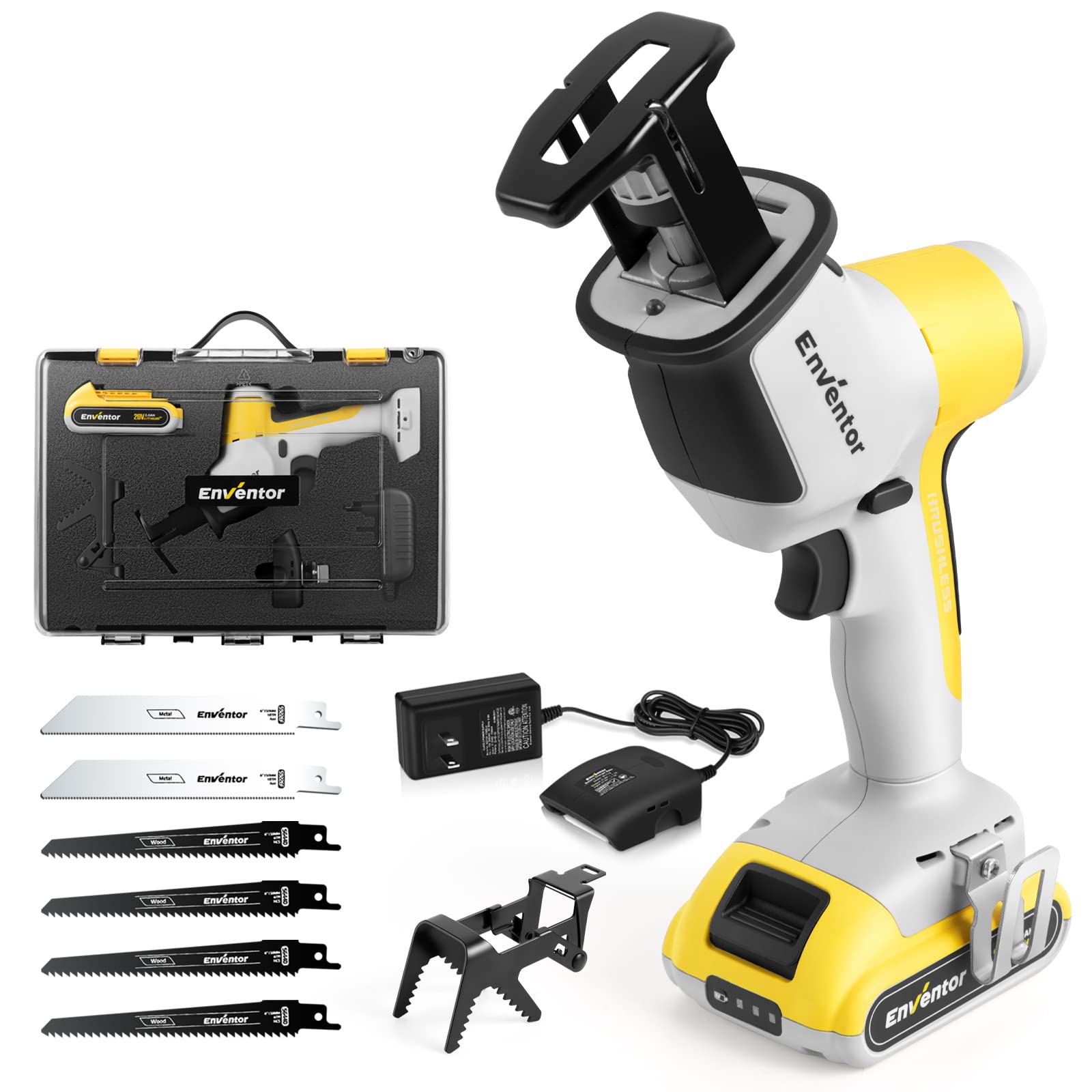 Akku Säbelsäge 20V, ENVENTOR Bürstenlos Kabellose Reciprosäge mit 6 Sägeblätter, Hublänge 15mm, Variabler Drehzahl von 0-3000 RPM, Schneidleistung 65mm (Holz), 8mm(Aluminium), mit 2000mAh Batterien