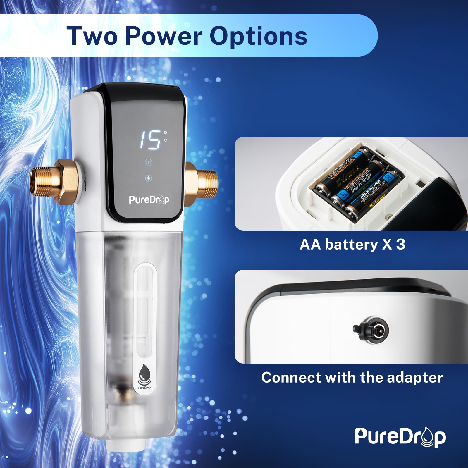 PureDrop PDR-ARB100WSP - Filtro de agua de sedimentos giratorio, módulo de descarga automática con pantalla táctil, filtro de sedimentos reutilizable para toda la casa para agua de pozo con raspador