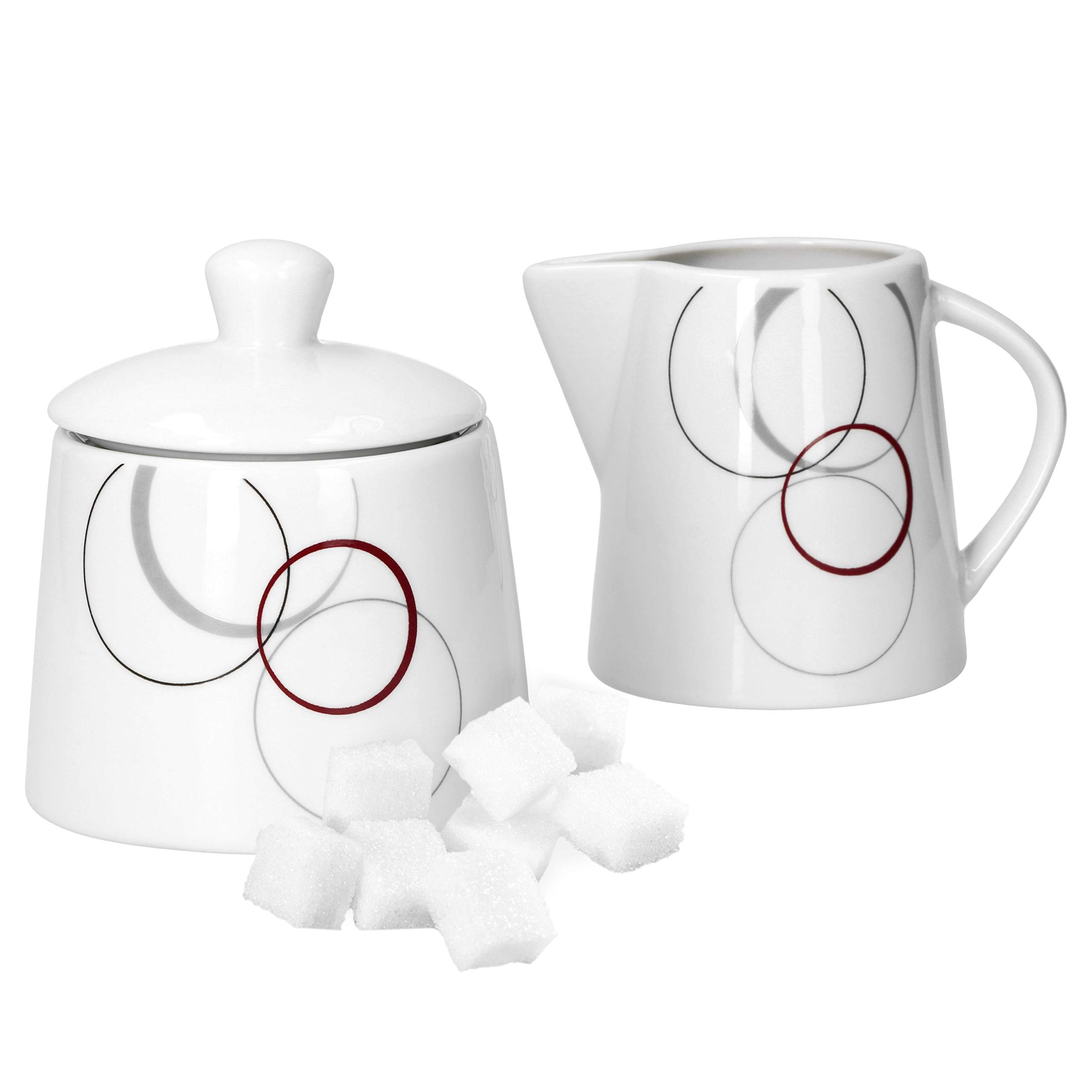 Van Well, “Palazzo”, set da 2 pezzi con zuccheriera da 28 cl e bricco per il latte da 23 cl, con decorazioni a cerchi in grigio e rosso scuro