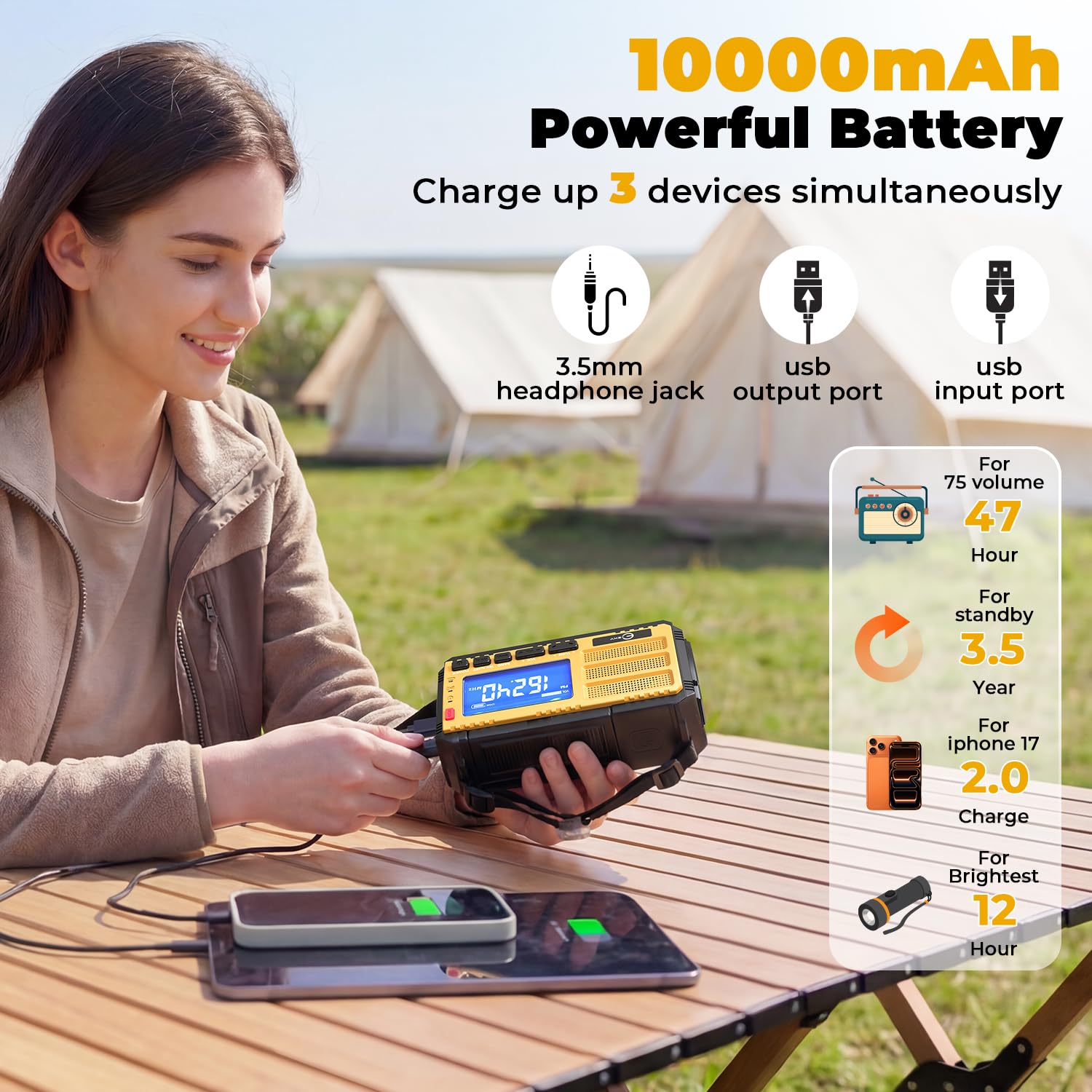 Esky Radio składane 10 000 mAh, przenośne radio awaryjne AM/FM, latarka, alarm SOS i kompas, ładowanie korby USB / solarne / ręczne ładowanie na kemping, na zewnątrz, przerwy w dostawie prądu, prezent