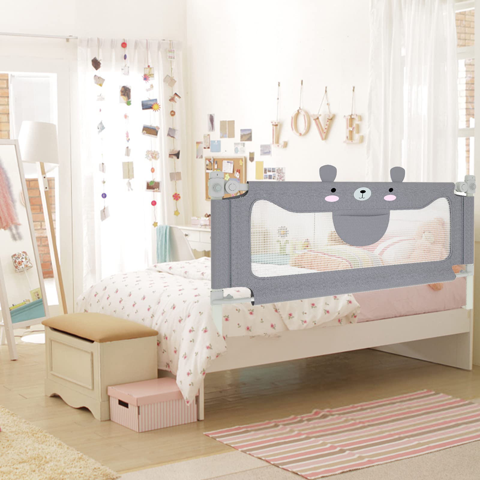 YUENFONG Barrière de lit anti-chute - 180 cm - Portable - Réglable en hauteur - Barrière de lit pour bébé - Pour famille et voyages - Petit ours (gris, 180 cm)