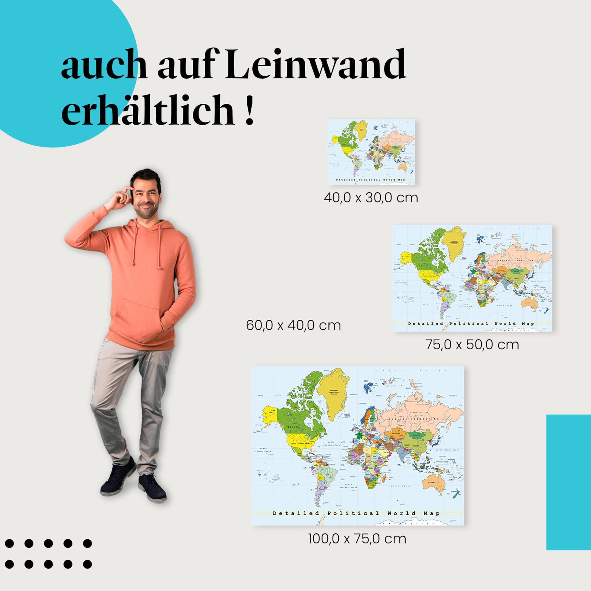 Postereck - 0556 - Detaillierte politische Weltkarte, Hauptstädten - Unterricht Klassenzimmer Schule Wandposter Fotoposter Bilder Wandbild Wandbilder - Leinwand - 75,0 cm x 50,0 cm