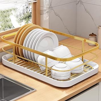 Dish Drying Rack for Kitchen Counter, Stainless Steel Space-Saving Dishes Drainer with Cup Holder Utensil Holder, Removable Plastic Drainer Tray Dish Rack34x26cm/13.4x14.2, Gold