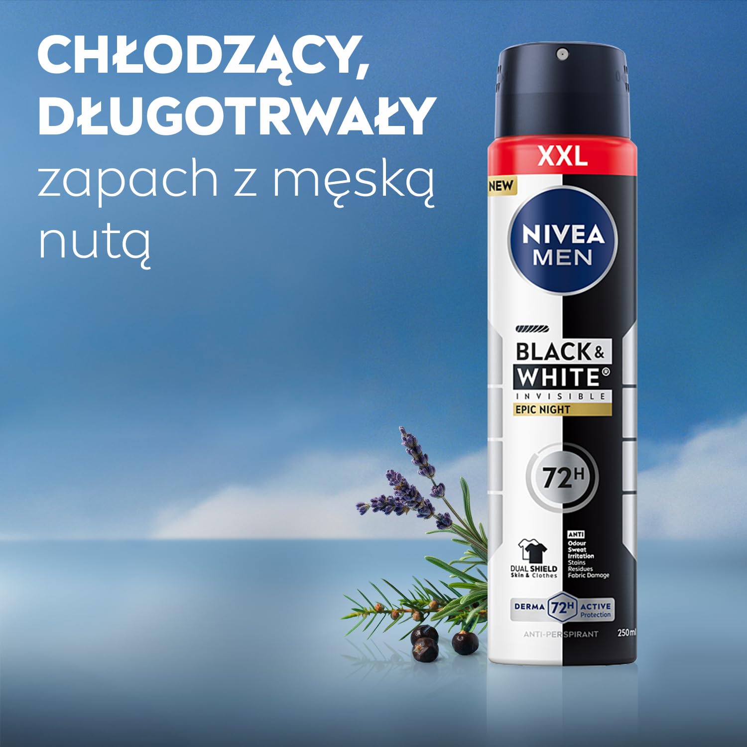 NIVEA MEN Black & White Invisible Epic Night męski antyperspirant w sprayu ochrona przed plamami, chłodzący, męski zapach, 72h świeżości 250 ml