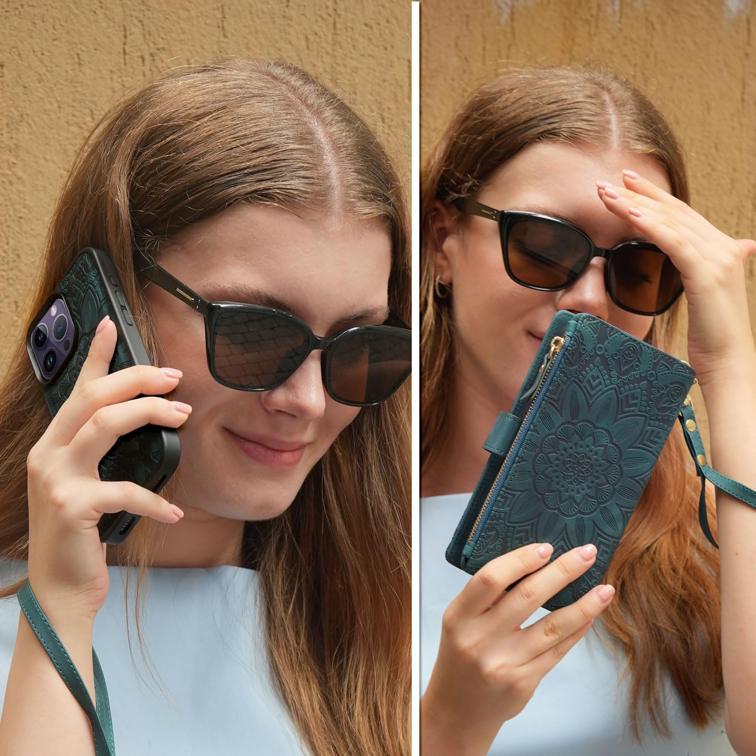 Harryshell Compatible with iPhone 14 Pro Max 6.7 inch 5G 2022 Wallet Case Detachable Magnetic Cover Zipper Cash Pocket Multi Card Slots Holder Wrist Strap Lanyard (Floral Teal)